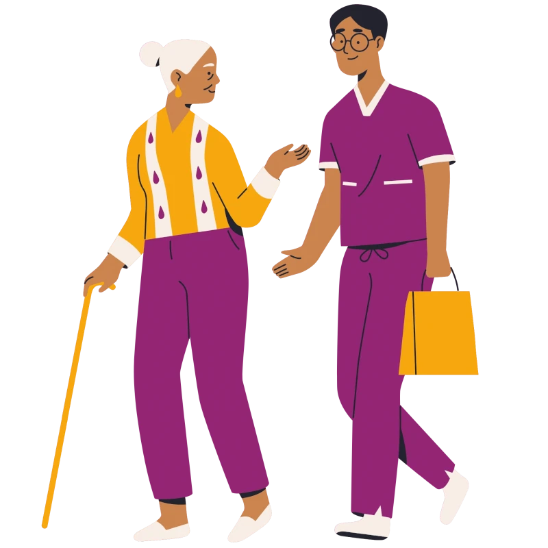 Pflegekraft unterstützt Seniorin mit Gehstock beim Gehen, Betreuung im Alltag.