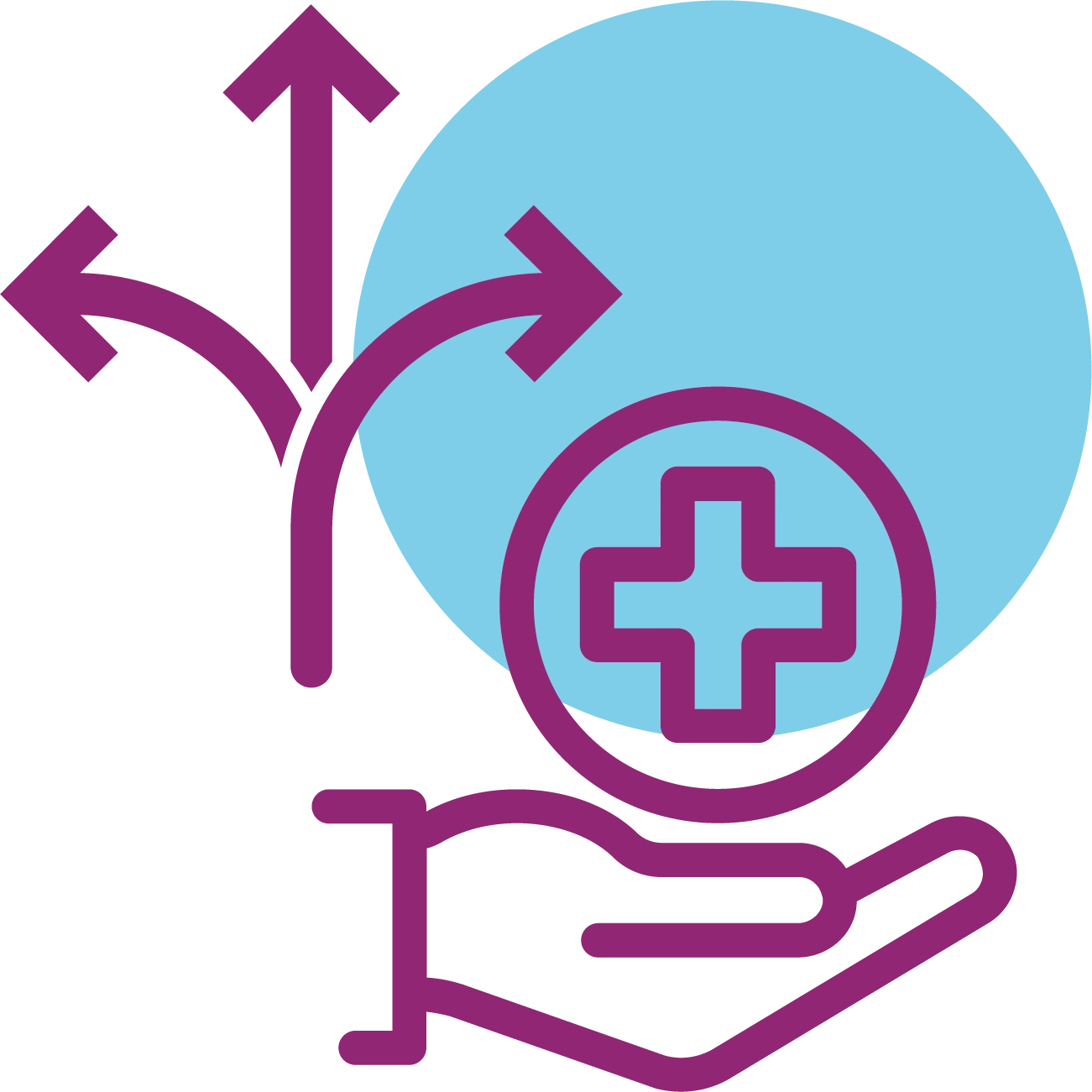 Stilisierte Hand mit Medizin-Symbol und Pfeilen vor blauem Kreis für Gesundheitsberatung.