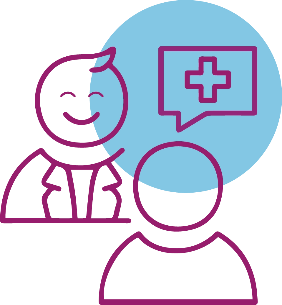 Zwei Personen im Gespräch mit Sprechblase und Medizin-Symbol für Gesundheitsberatung.