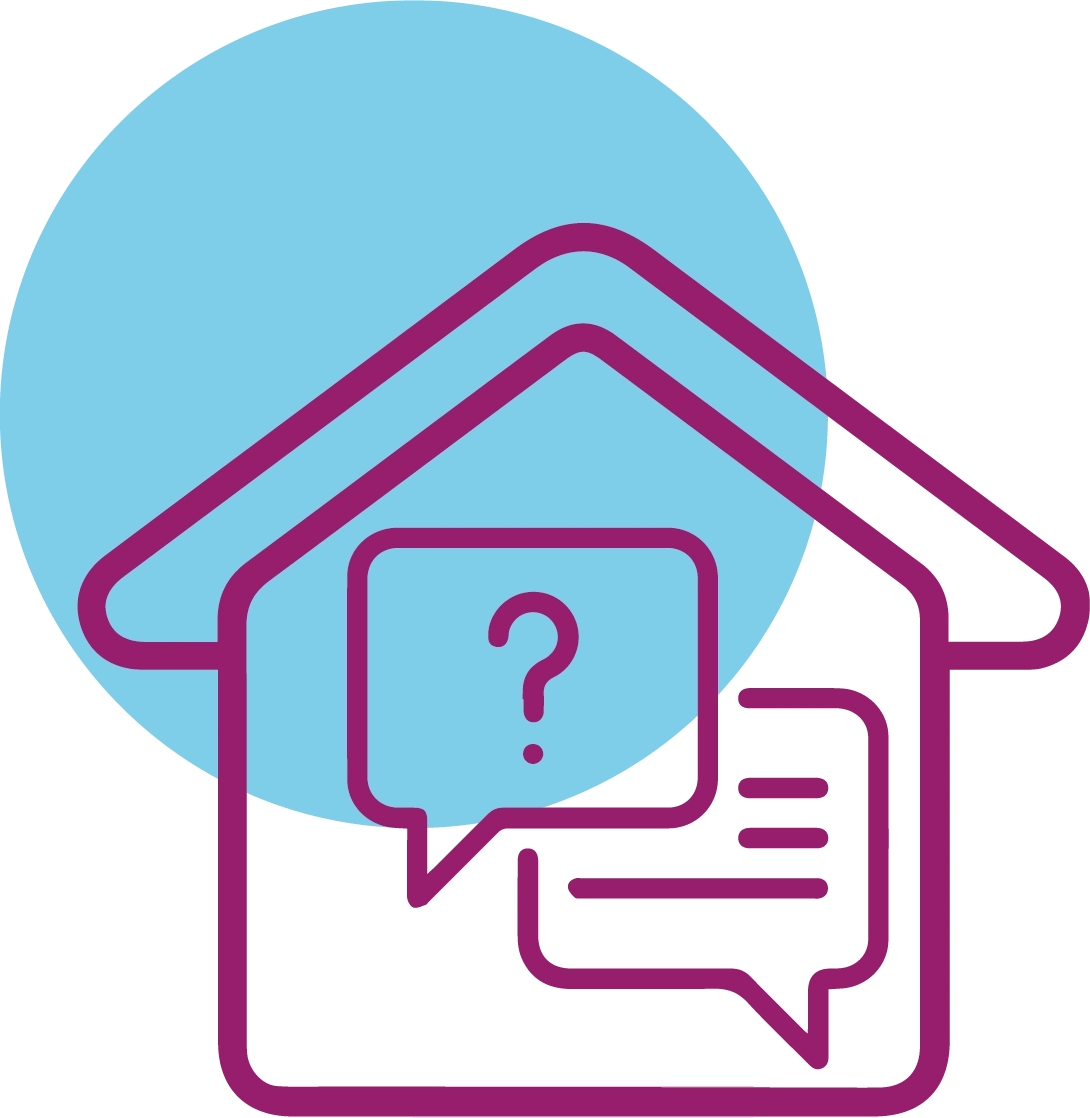 Symbol eines Hauses mit Sprechblasen und Fragezeichen für Immobilienberatung.